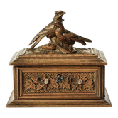 Coffret boite bois sculpté fleur feuillage 2 oiseaux forêt noire avec clef ancien
