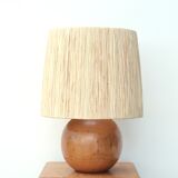 Wooden ball lamp with raffia lampshade 70s