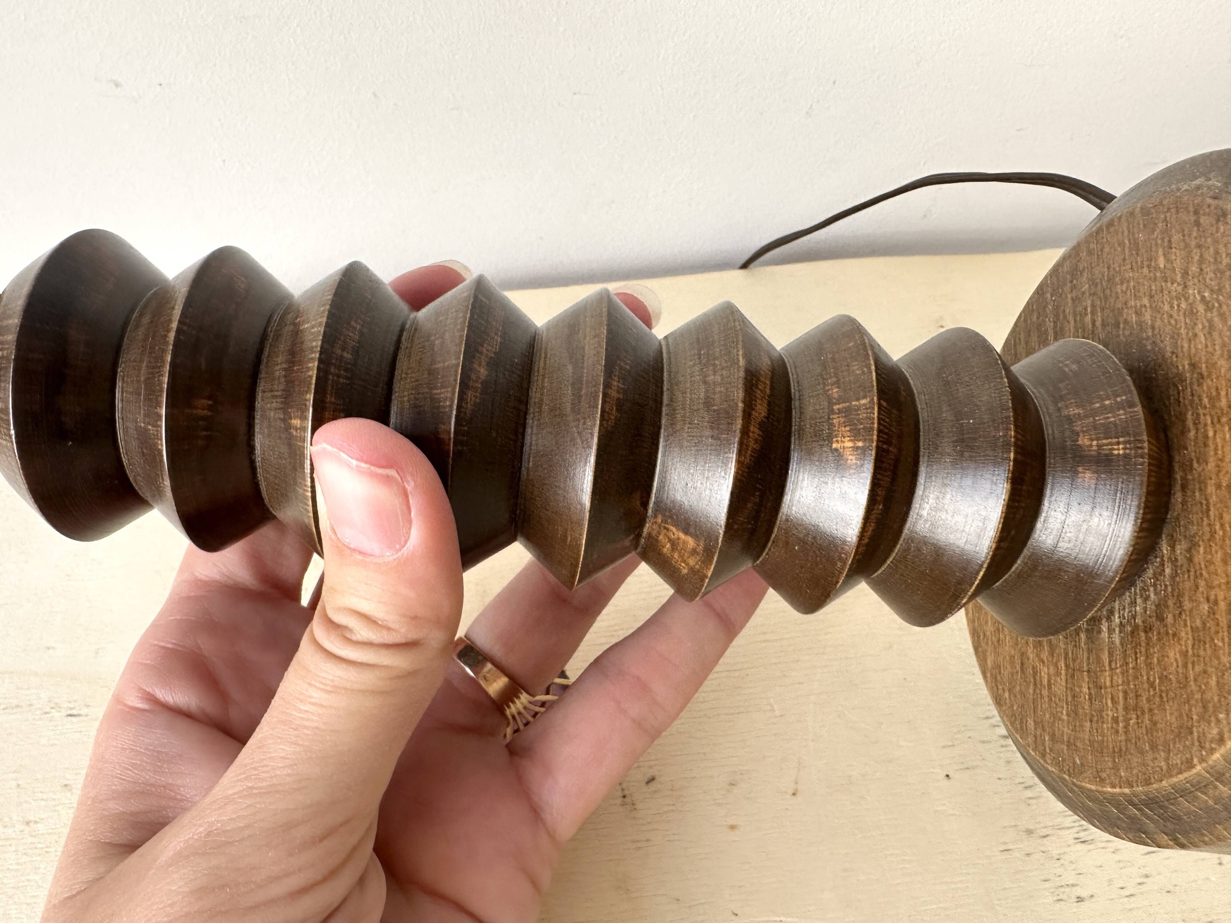 Rustic wooden turned lamp base from the 1950s, vintage rustic lighting.