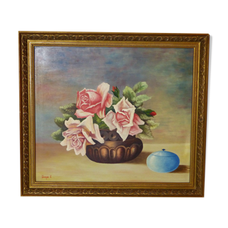 Oil on still life panel bouquet of roses