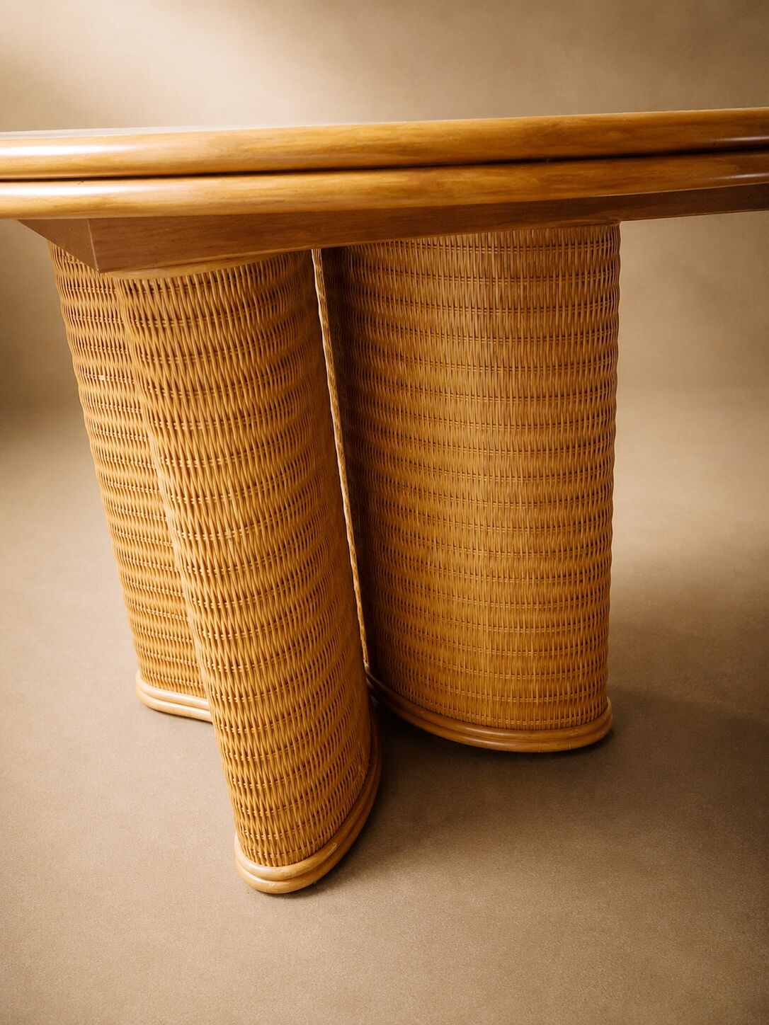 Oak/ratten table in the style of Vivai del Sud Italy, circa 1970.