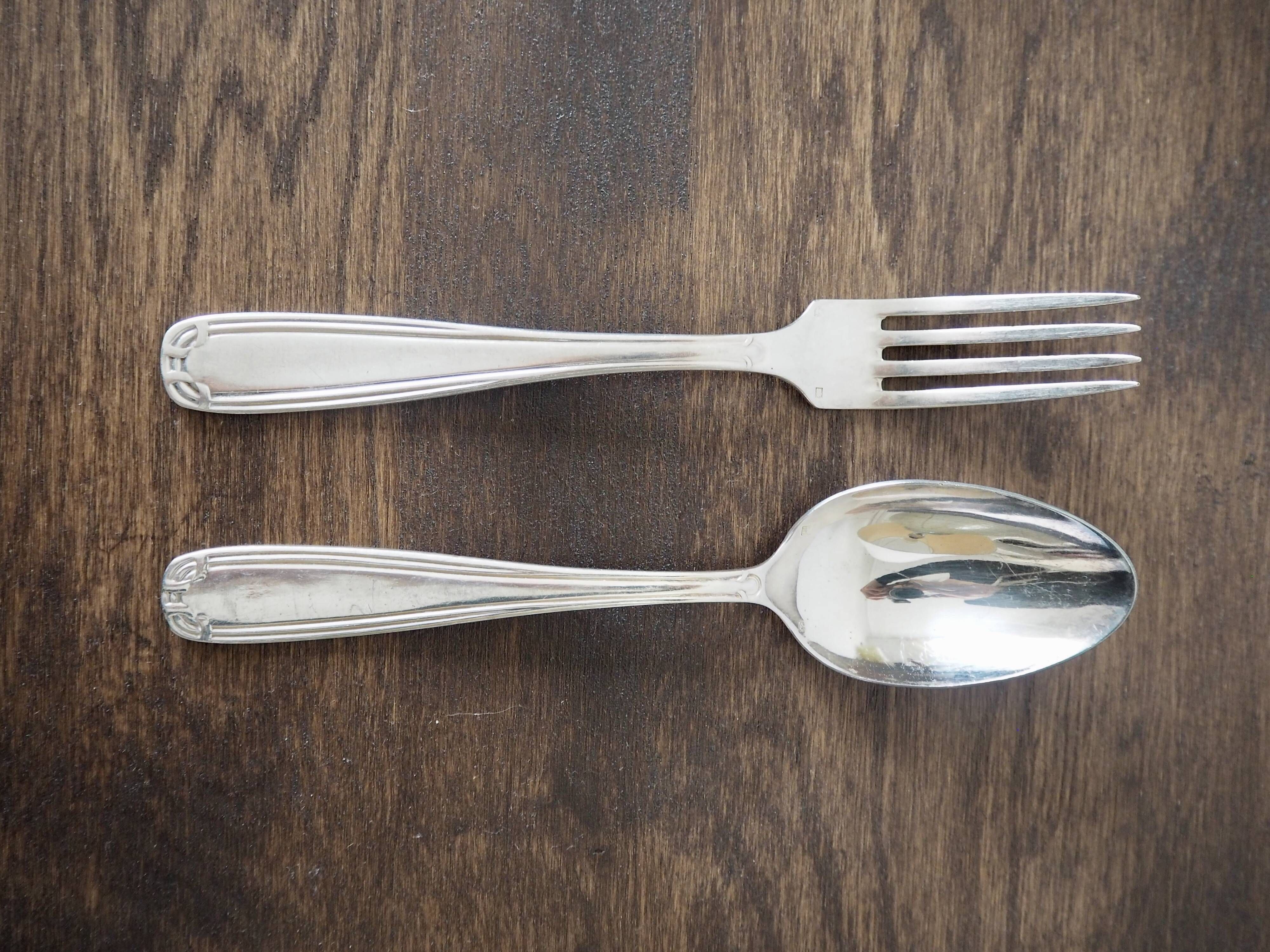 Set of 6 forks and 6 spoons in silver metal with punches