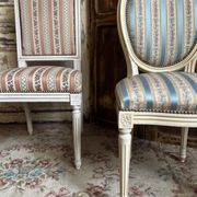 Pair of Louis XVI style chairs in painted wood and satin, classic elegance.