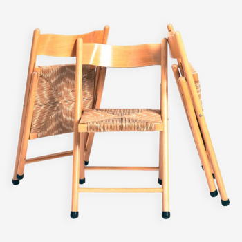 Chaises pliantes vintage italiennes avec siège en paille, set de 3