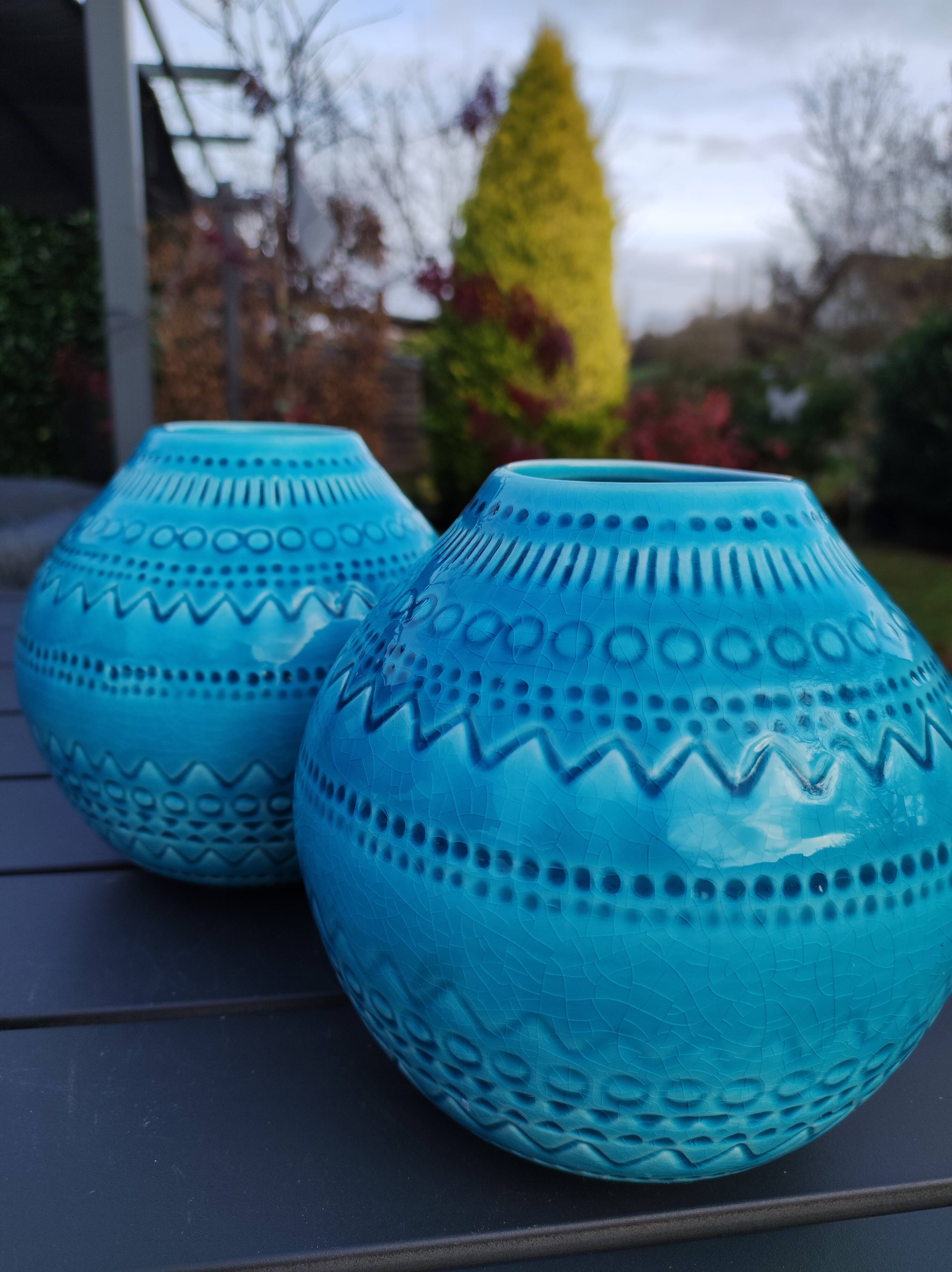 Pair of vases shaped ball stylish Asian. Glazed ceramic