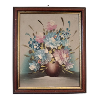 Still life painting basin filled with flowers