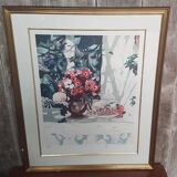 Old Color Lithograph Still Life Numbered & Signed + Golden Frame #A688