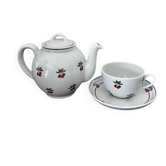 Magnificent teapot and fine porcelain cup set by Pillivuyt with cherries.