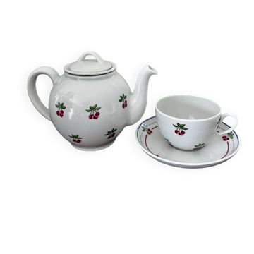 Magnifique ensemble théière et tasse porcelaine fine Pillivuyt cerises