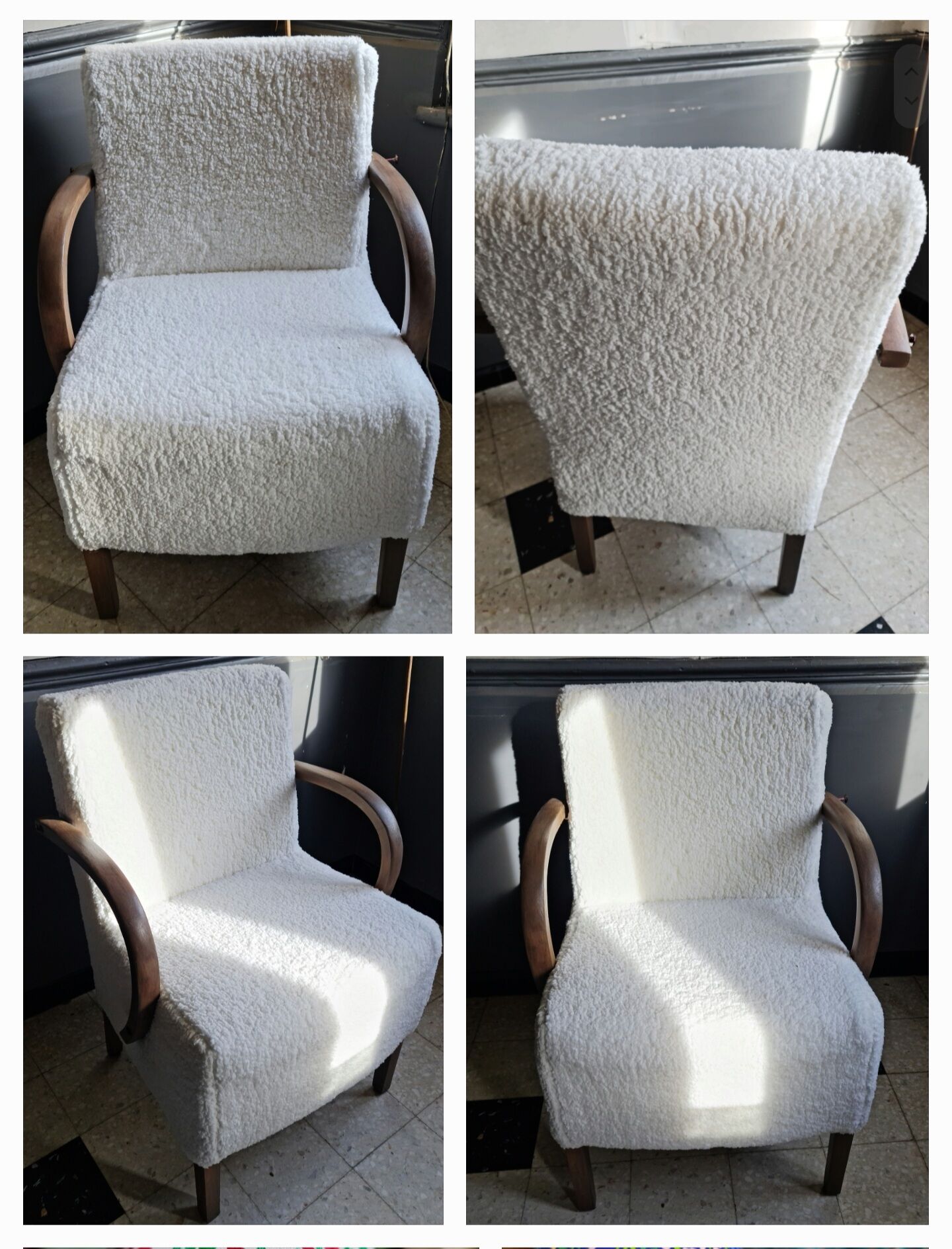 Armchair completely redone moumoute fabrics matching rectangular cushion woodwork mink color