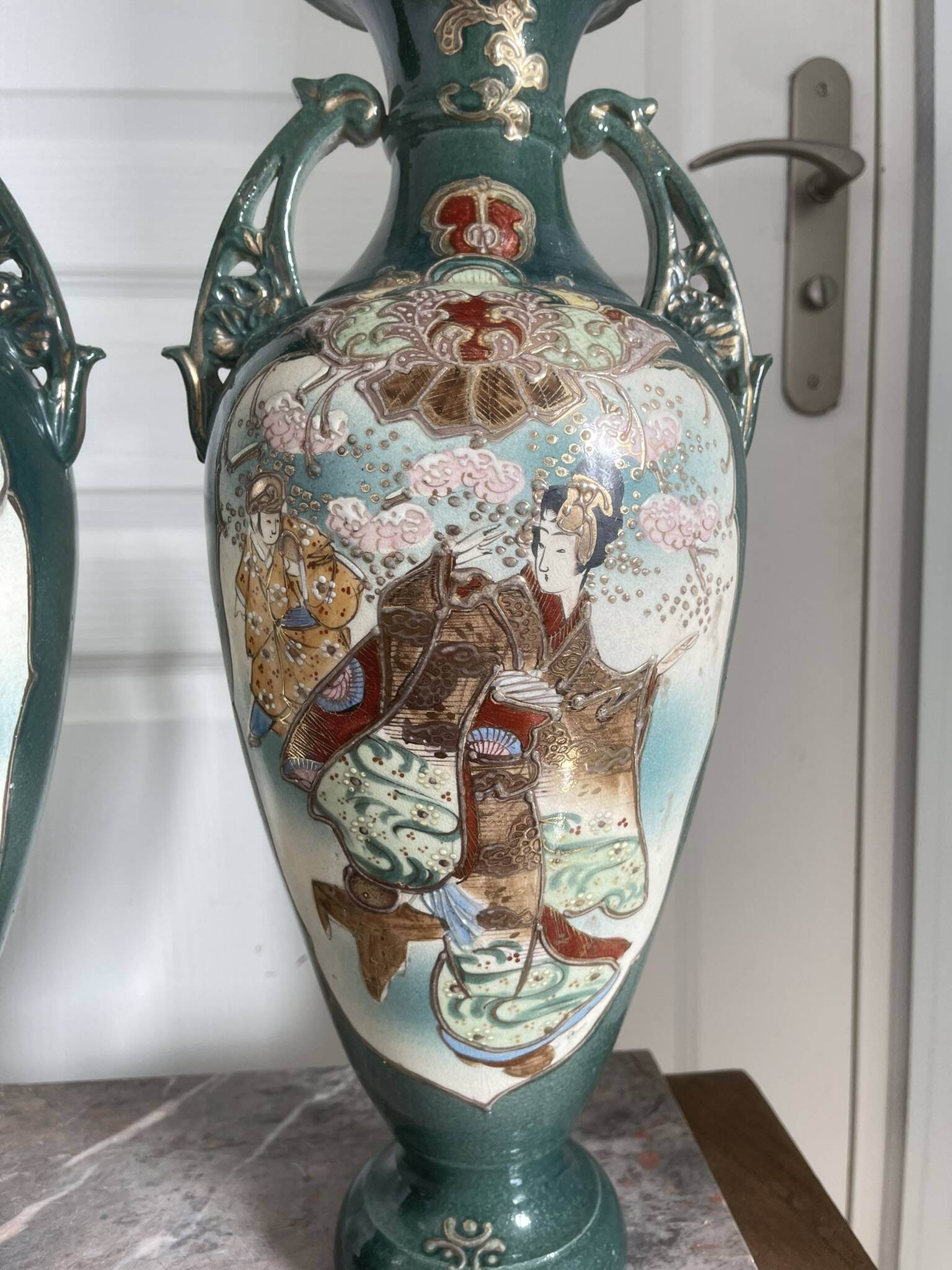 Antique Pair of Japanese Green Moriage Vases Baluster Amphora Flowers Restored