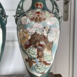 Antique Pair of Japanese Green Moriage Vases Baluster Amphora Flowers Restored