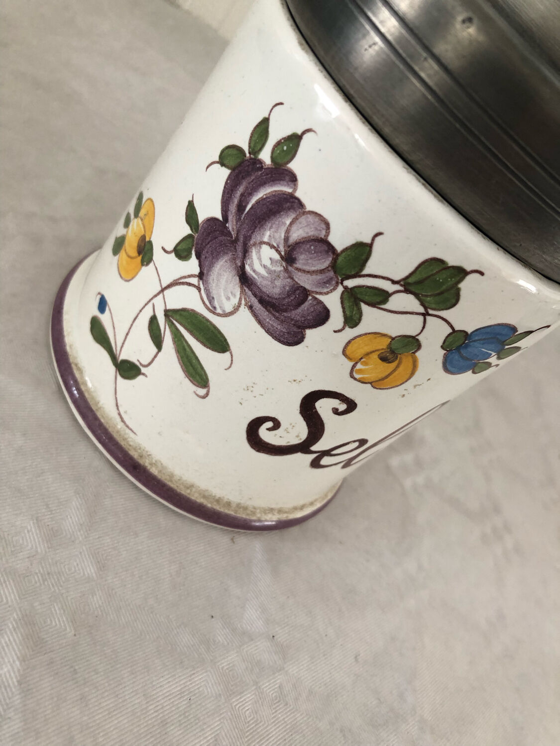 Ceramic salt jar pewter lid stamped J G