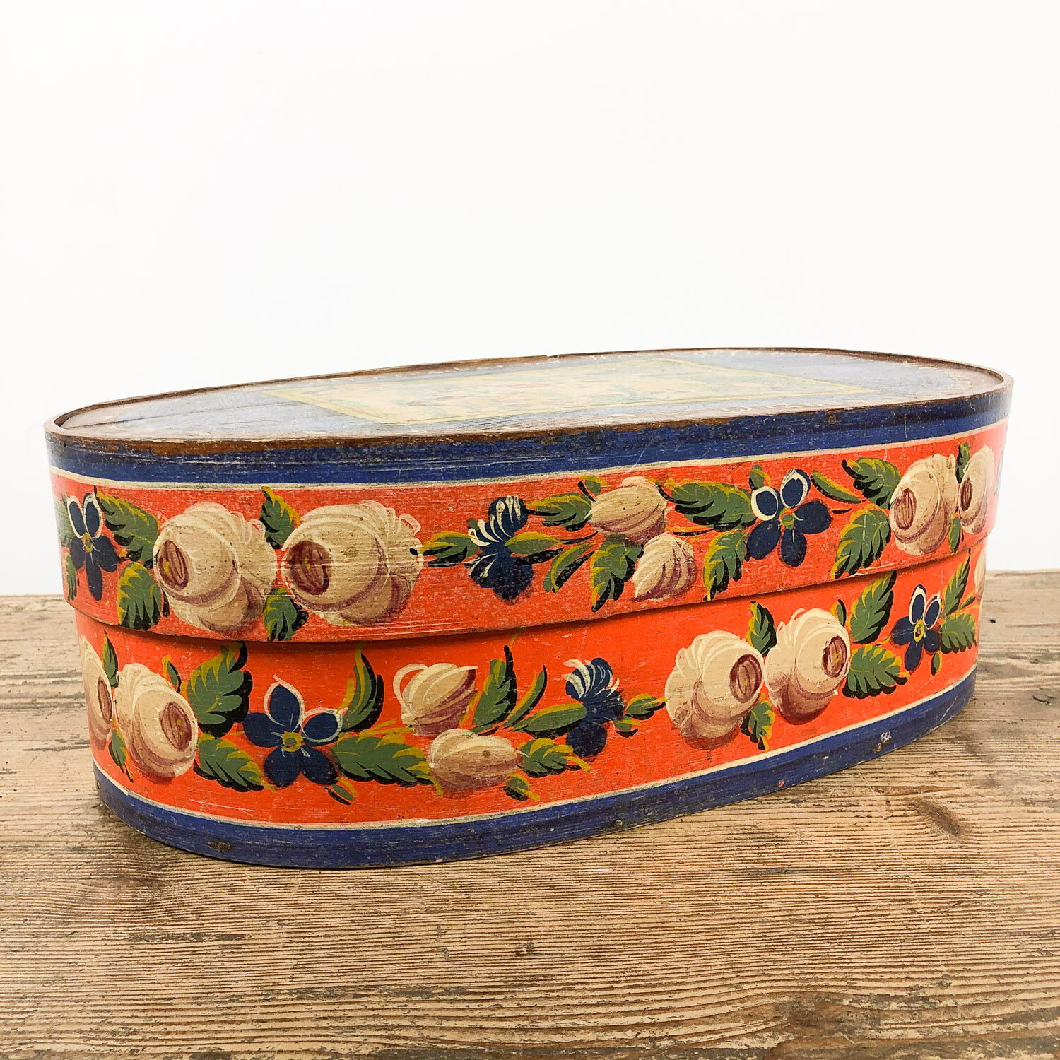 Antique blue orange painted german bride box 19th century folk art