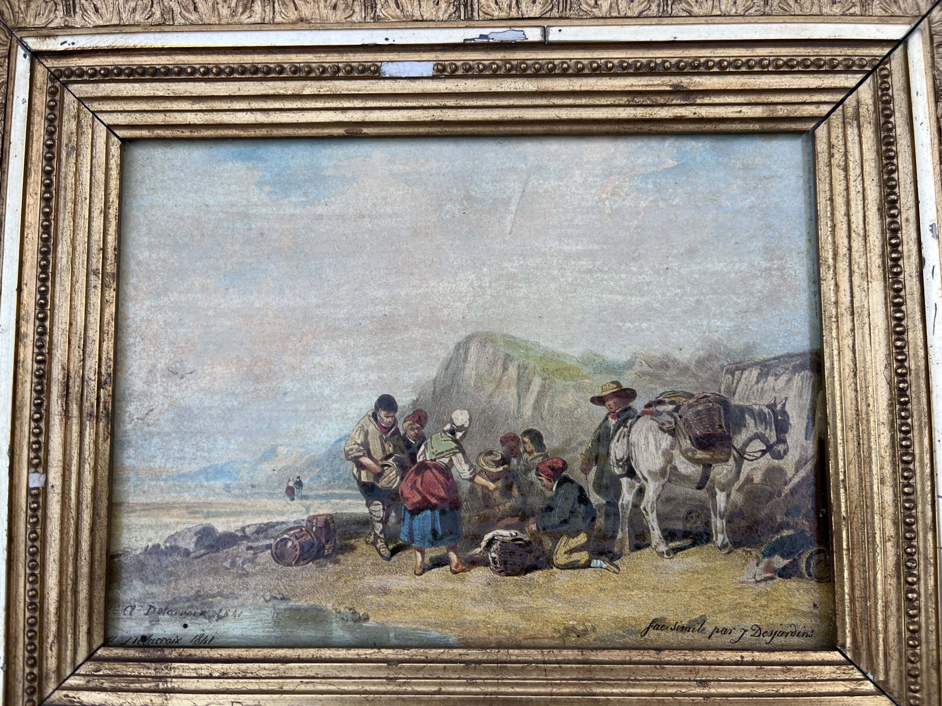 Old painting after A. Delcroix – lively seaside scene, 1841