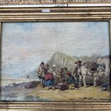 Old painting after A. Delcroix – lively seaside scene, 1841