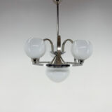 Lustre Art Déco en chrome et verre laiteux, restauré, années 1930