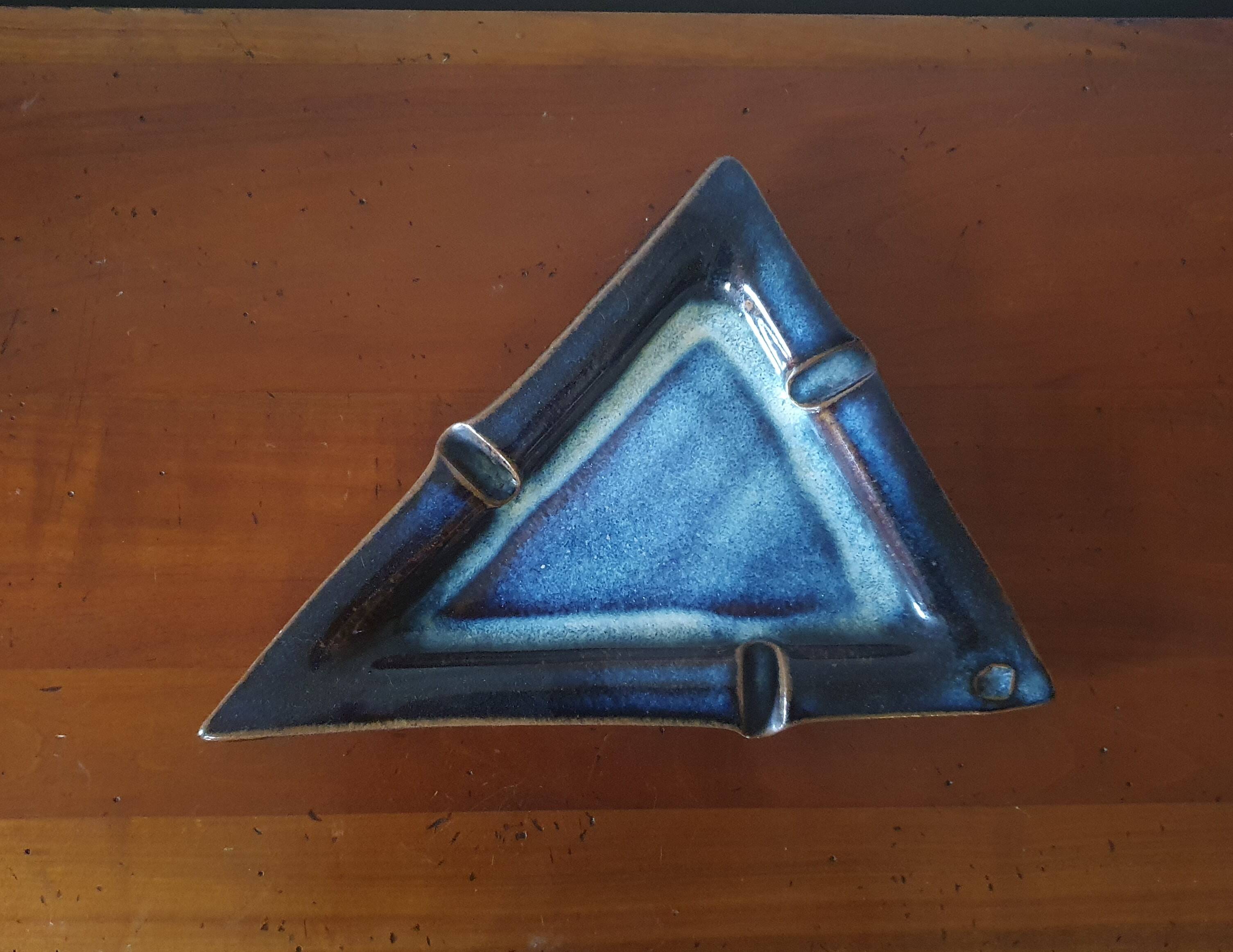 Vintage blue triangle ashtray in glazed stoneware