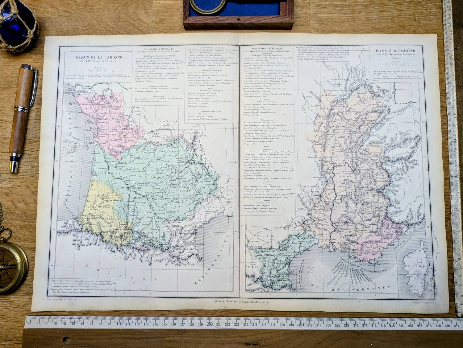 Rhône and Garonne, original map printed in 1879.