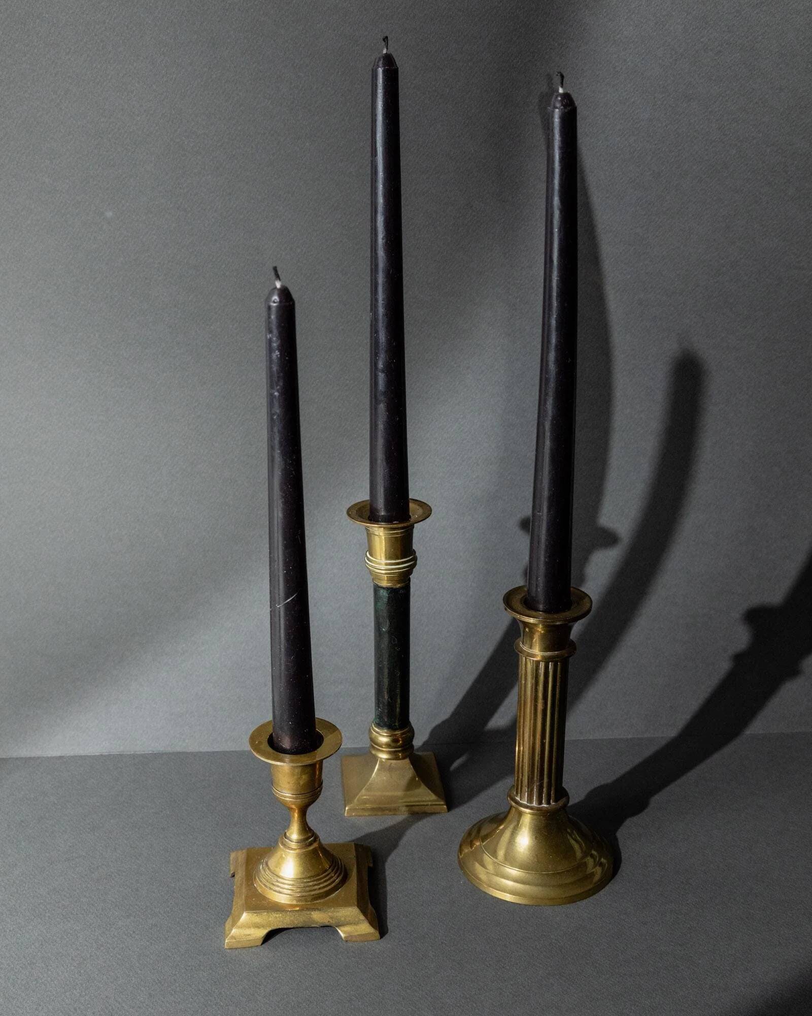 Lot of 3 vintage brass candlesticks from the 1940s, various shapes, classic antique design, retro table decoration, elegant gift idea.