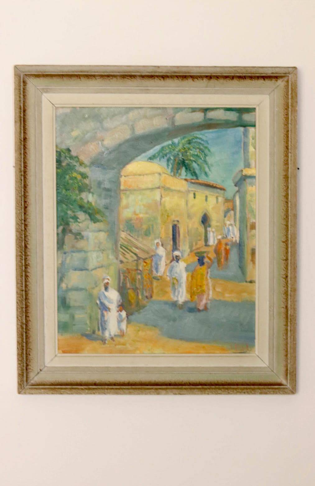 Original Swedish mid-century oil painting on panel "City" – Vintage and frame