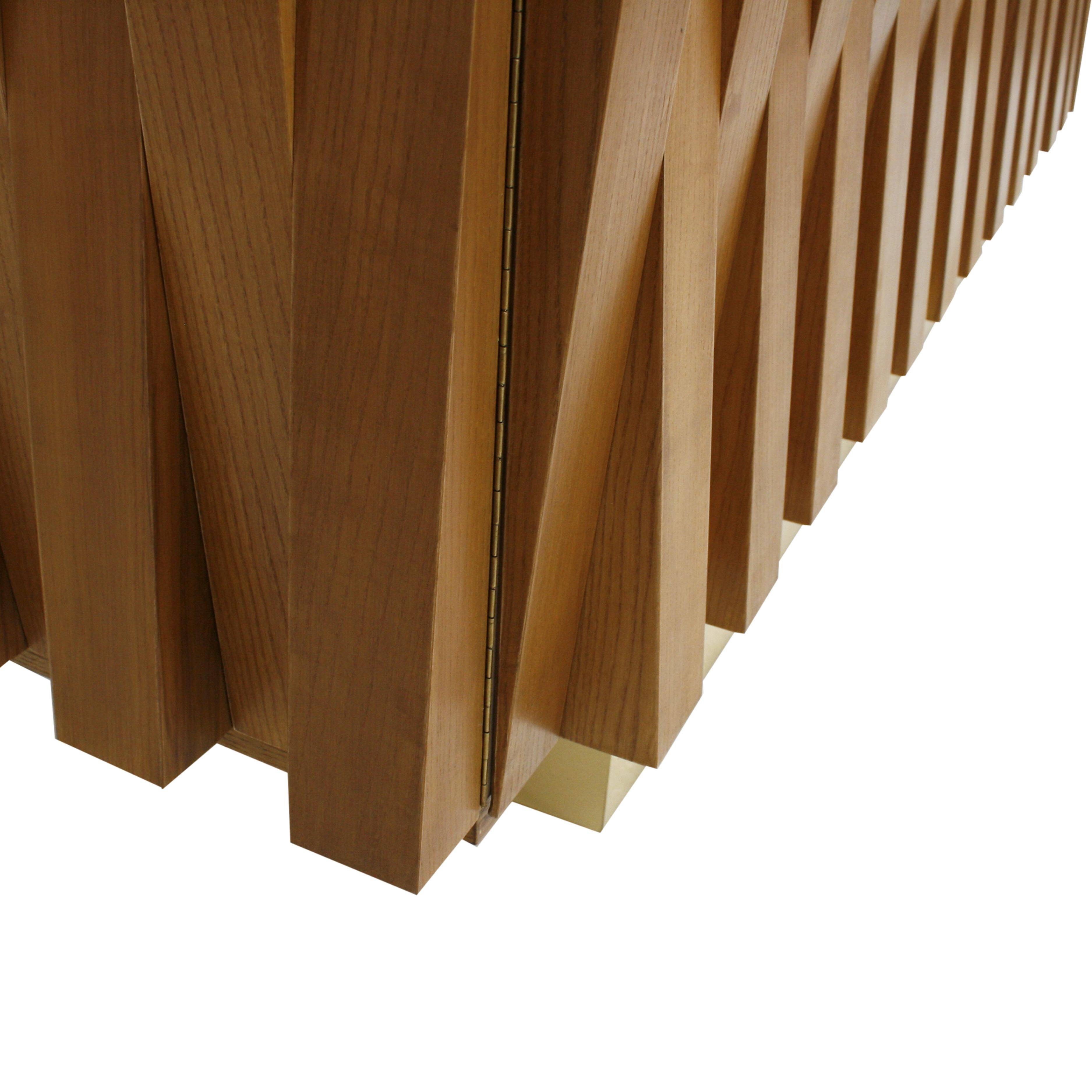 Brutalist Style Cabinet, Italian Faceted Oakwood and Brass Sideboard