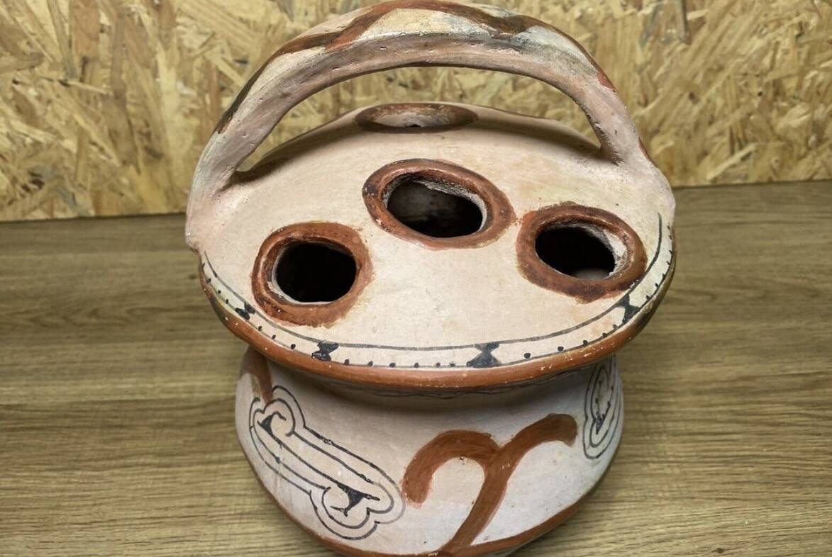 Ancient Berber flower holder, painted terracotta, vintage ethnic vase.