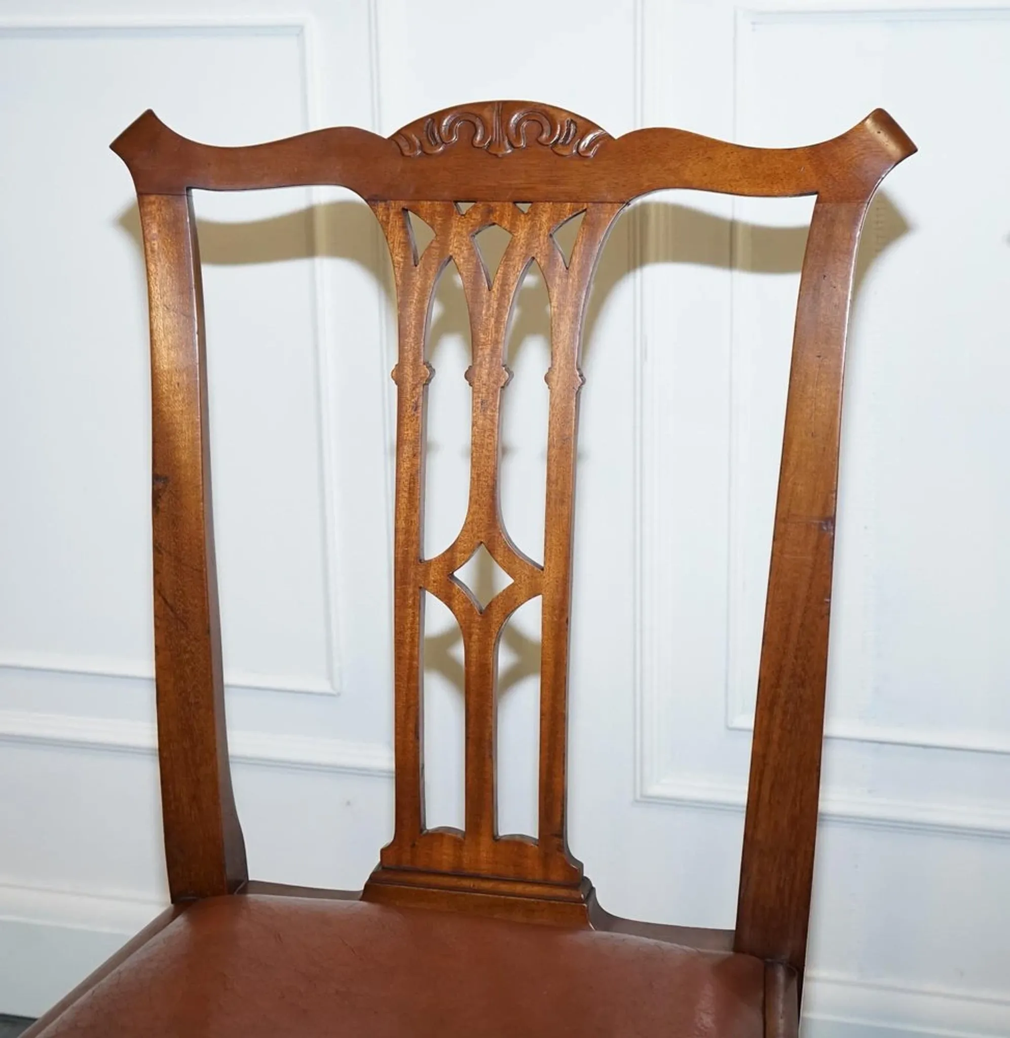 Chippendale Style Dining Chairs with Leather Seats, Set of 5