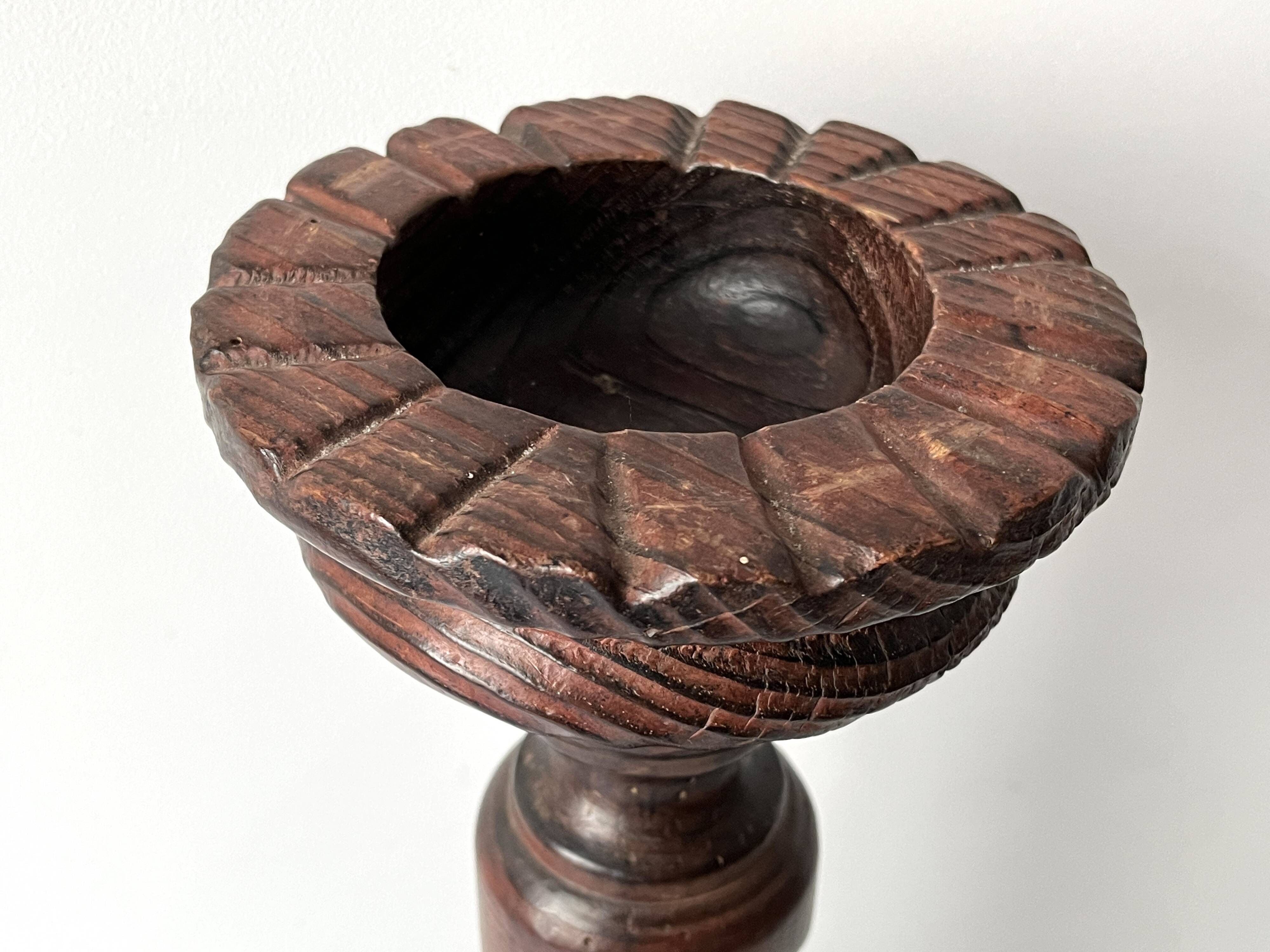 50s turned wooden pedestal ashtray, vintage rustic ashtray