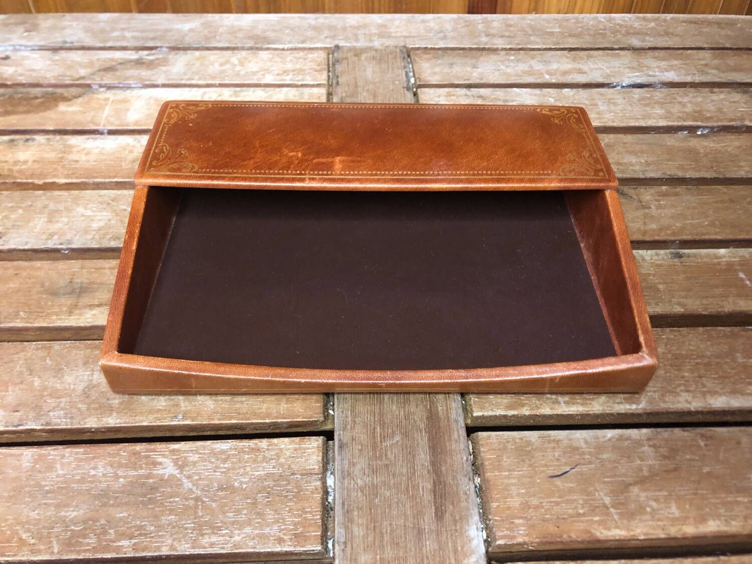 Old lancel paris card holder brown embossed leather desk accessories