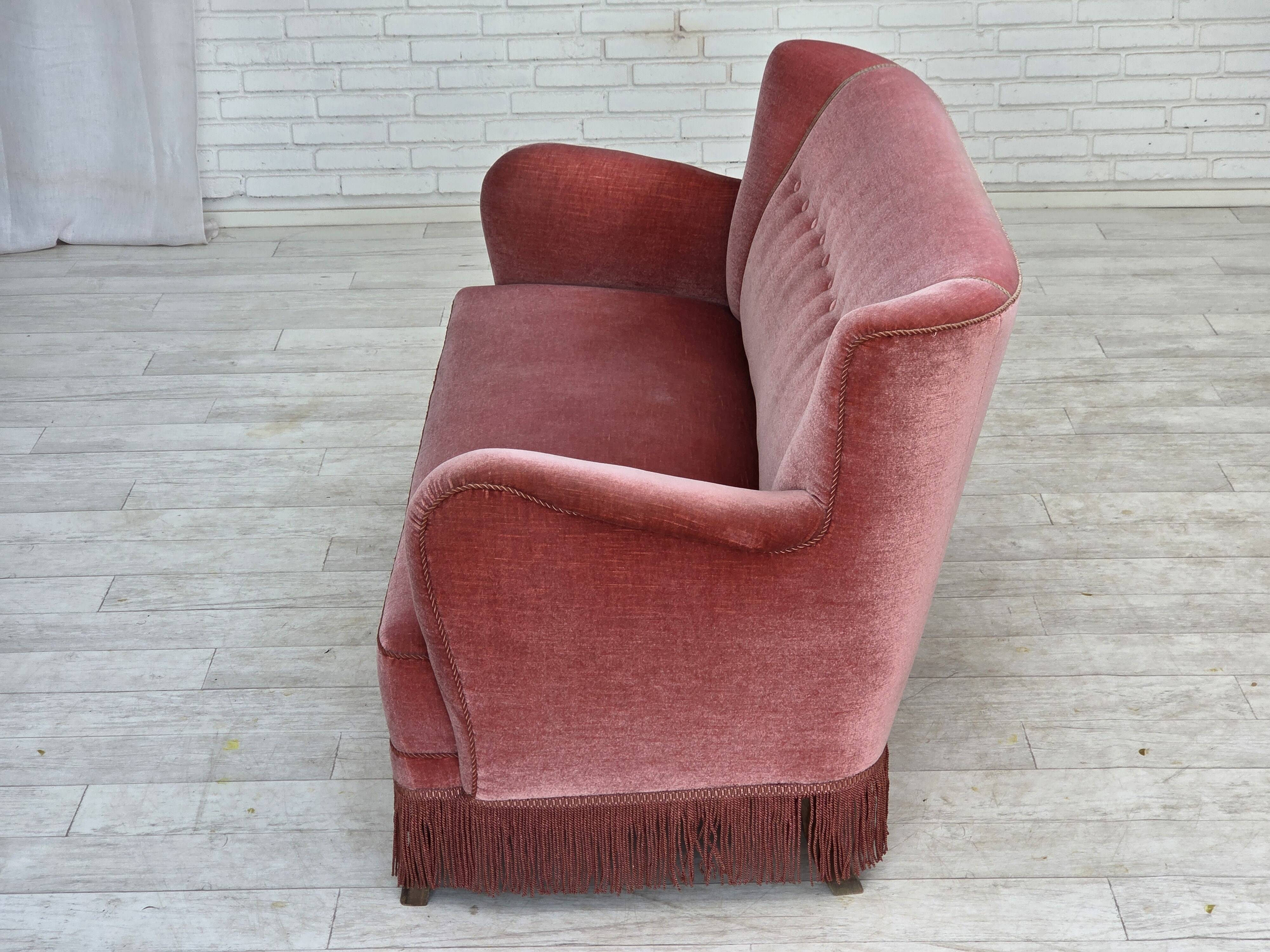 1970s, Danish 2-seater sofa, salmon pink furniture velour, oak wood.