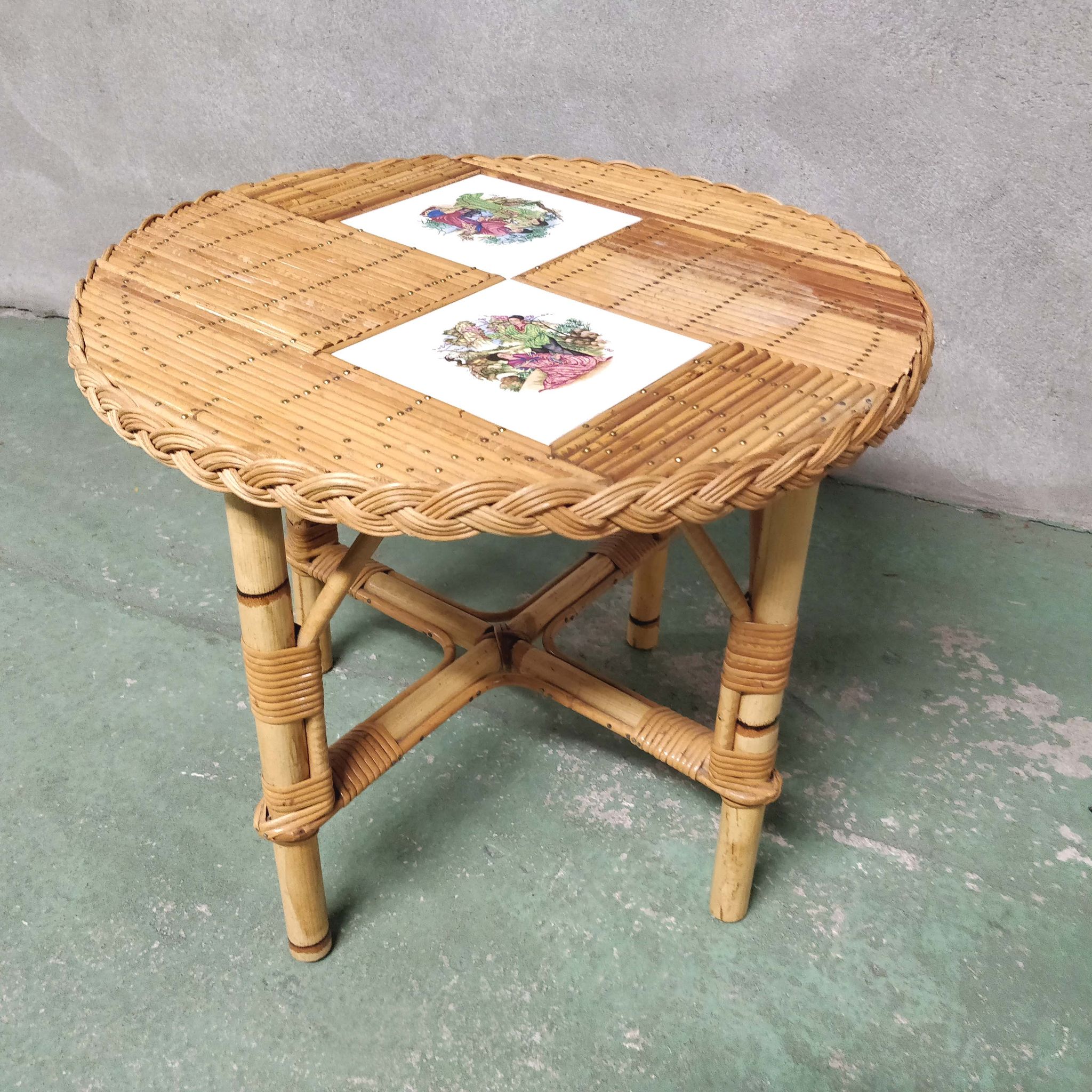 Round coffee table in japanese ceramic bamboo rattan 1960
