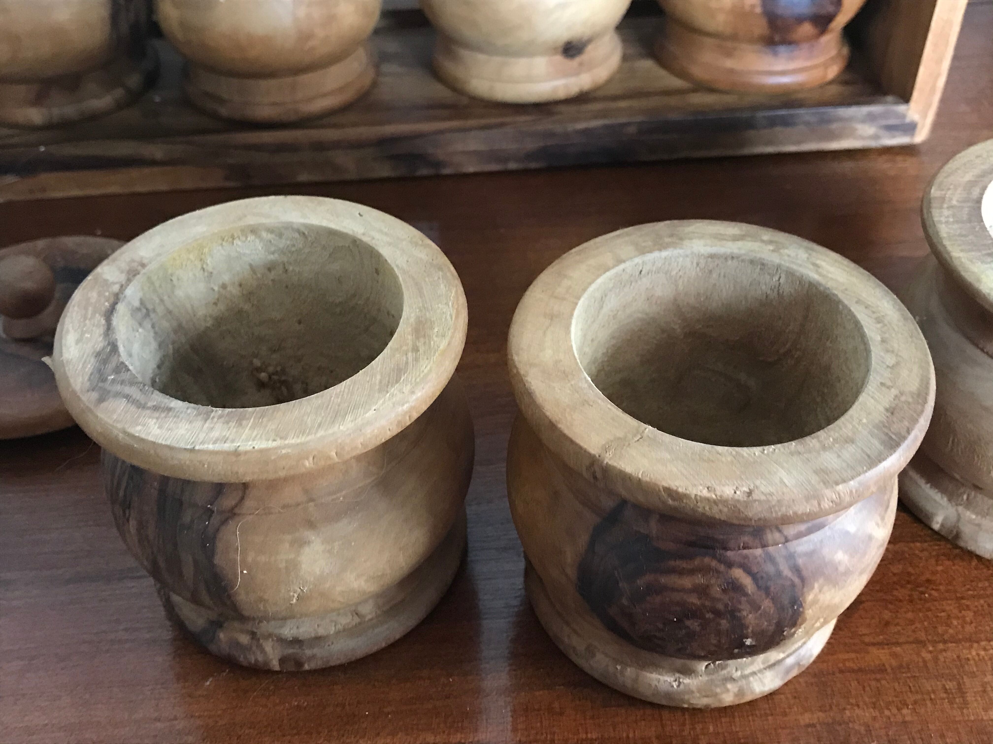 Spice shelf and olive wood pots