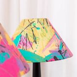 Pair of Memphis Pop Art Table Lamps, Multicolored Fabric Shades, Black Lacquered Bases - Belgian Massive, 1980s