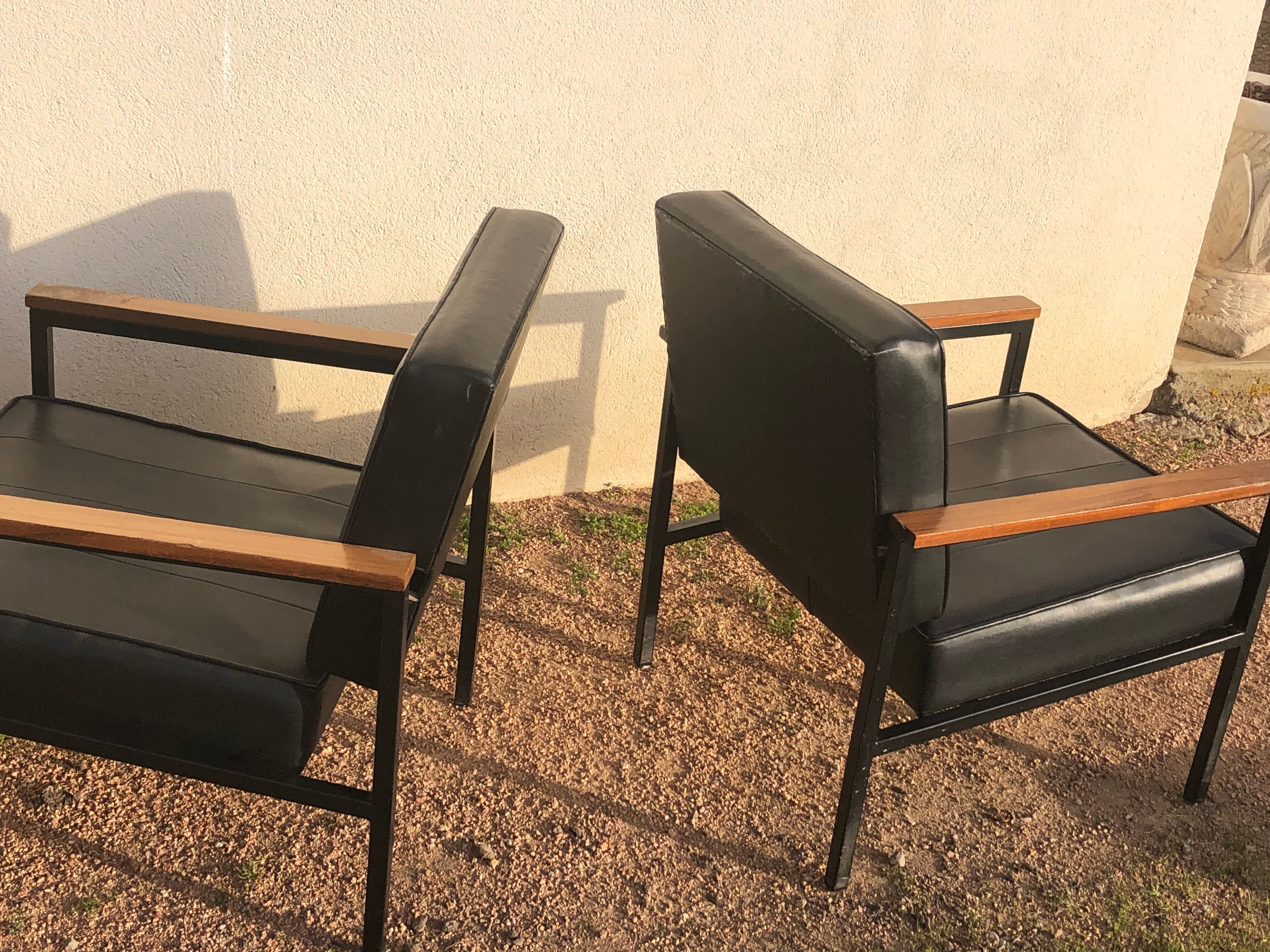 Pair of skaï and wood chairs 60s