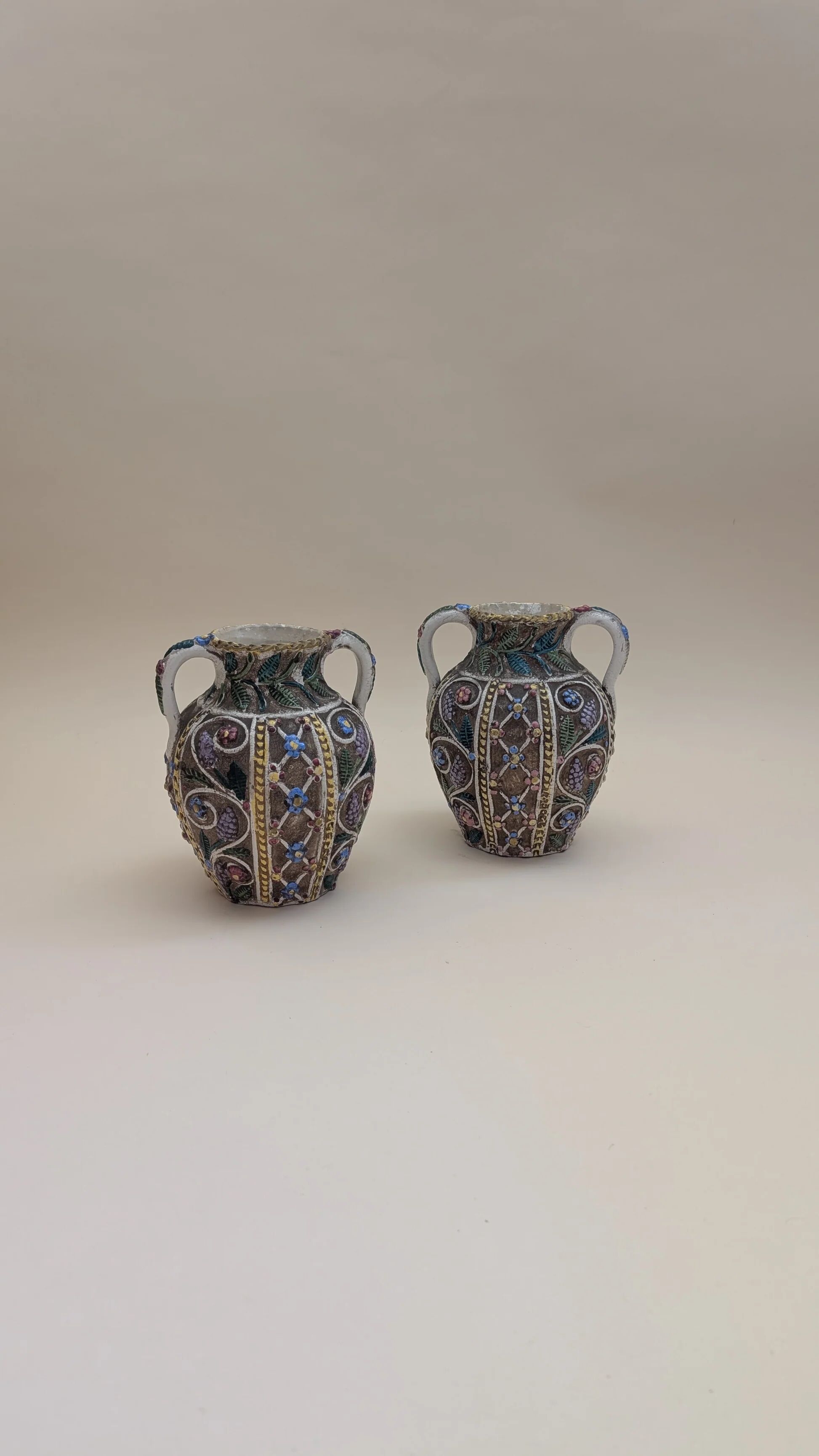Pair of small openwork vases in glazed earthenware – Made in Italy