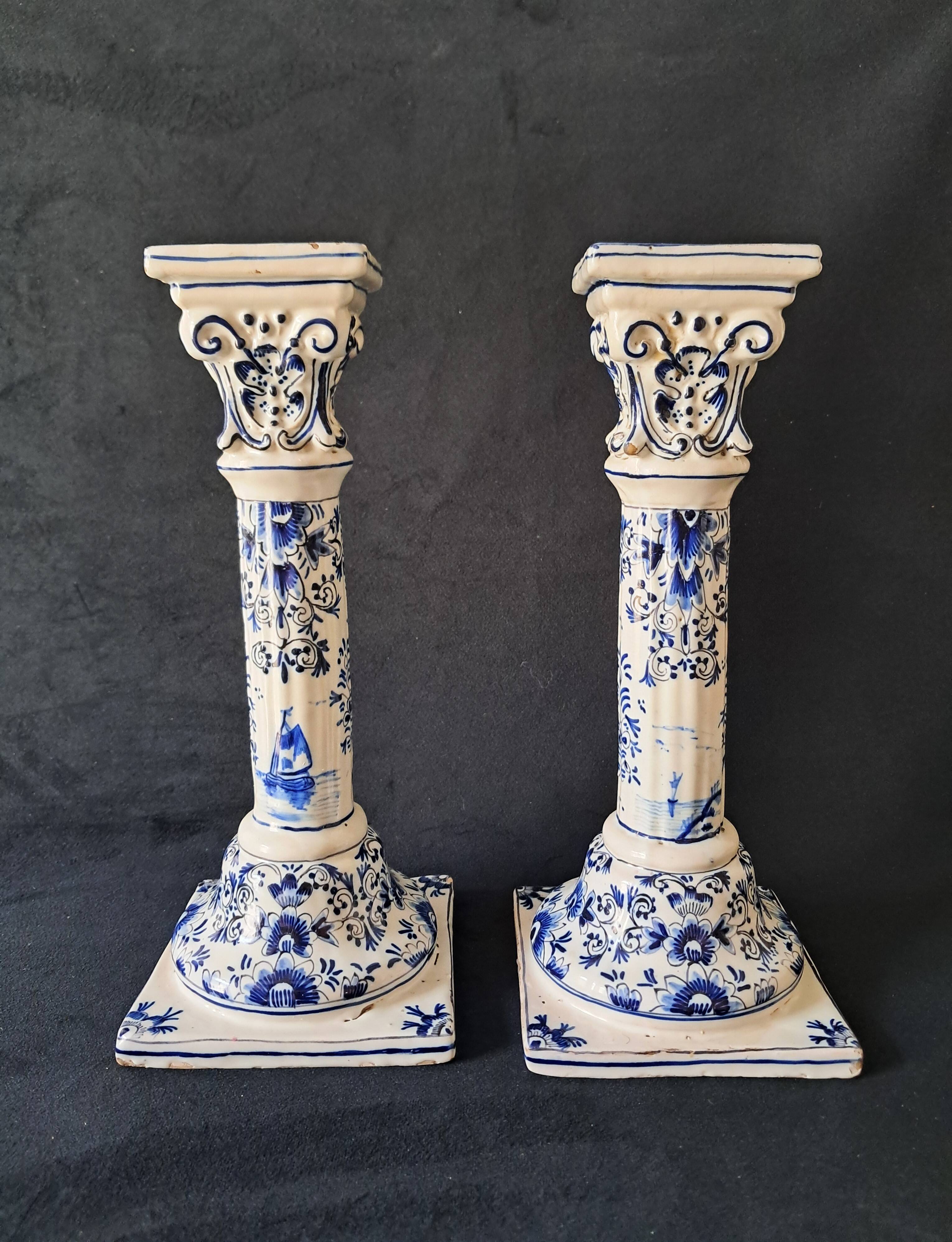 Antique Pair of Column Candlesticks in Blue and White Delftware