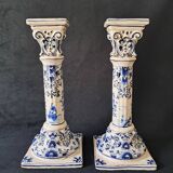 Antique Pair of Blue and White Delftware Column Candlesticks