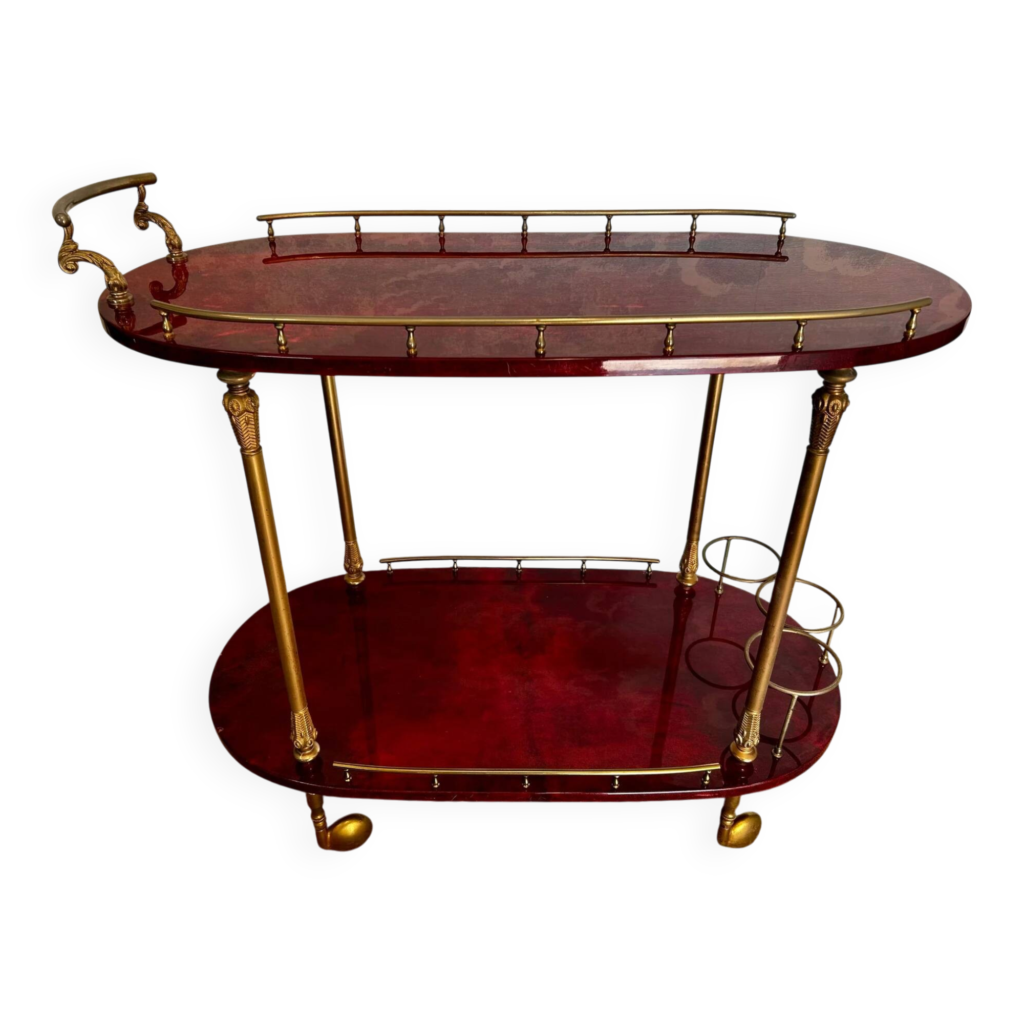 Cherry-red bar cart by Aldo Tura, Italy, 1960s, Hollywood Regency