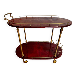 Chariot de bar rouge cerise par Aldo Tura, Italie, années 1960, style Hollywood Regency.