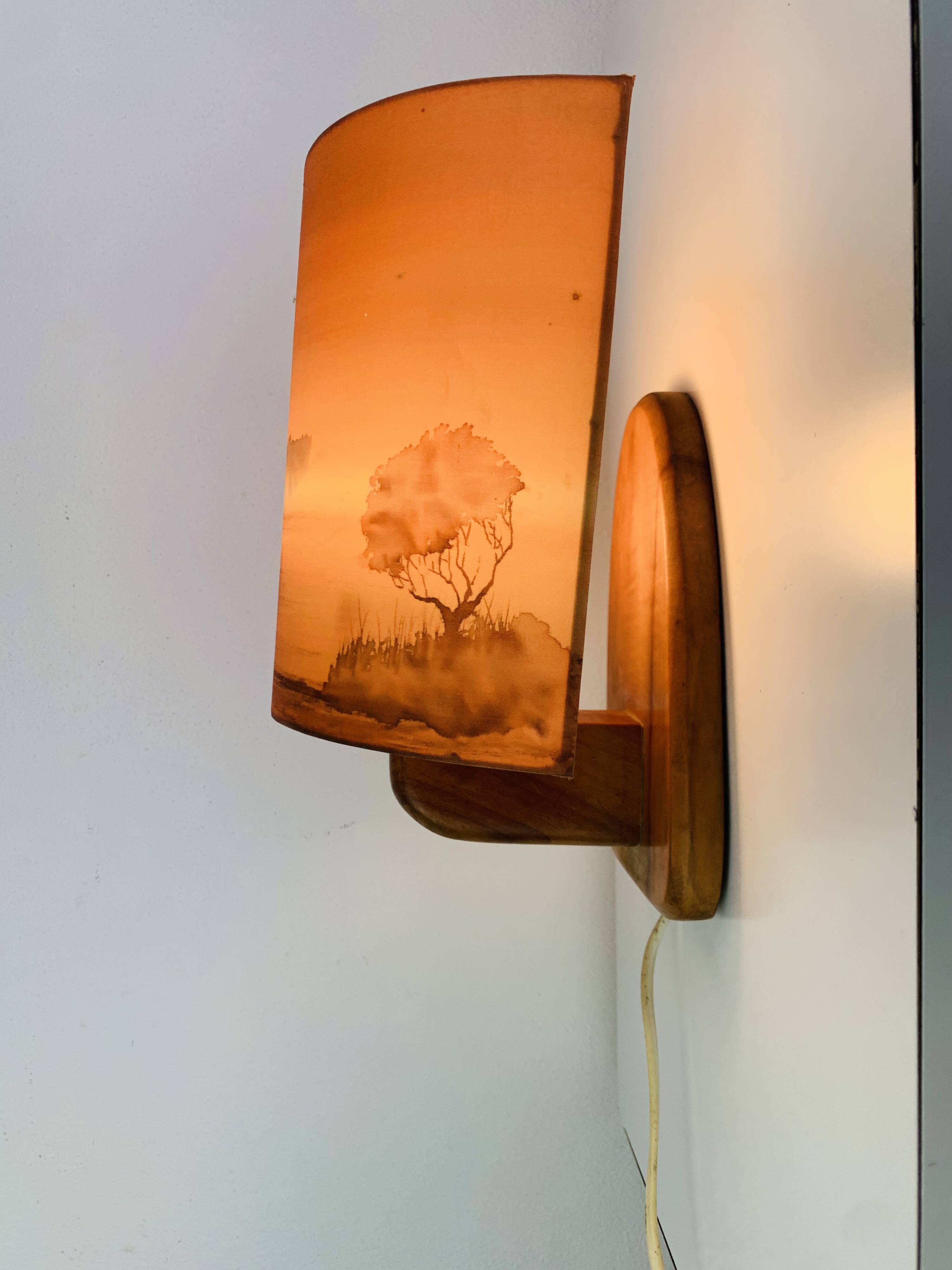 Wooden wall lamp and silk lampshade, vintage, 1960s.