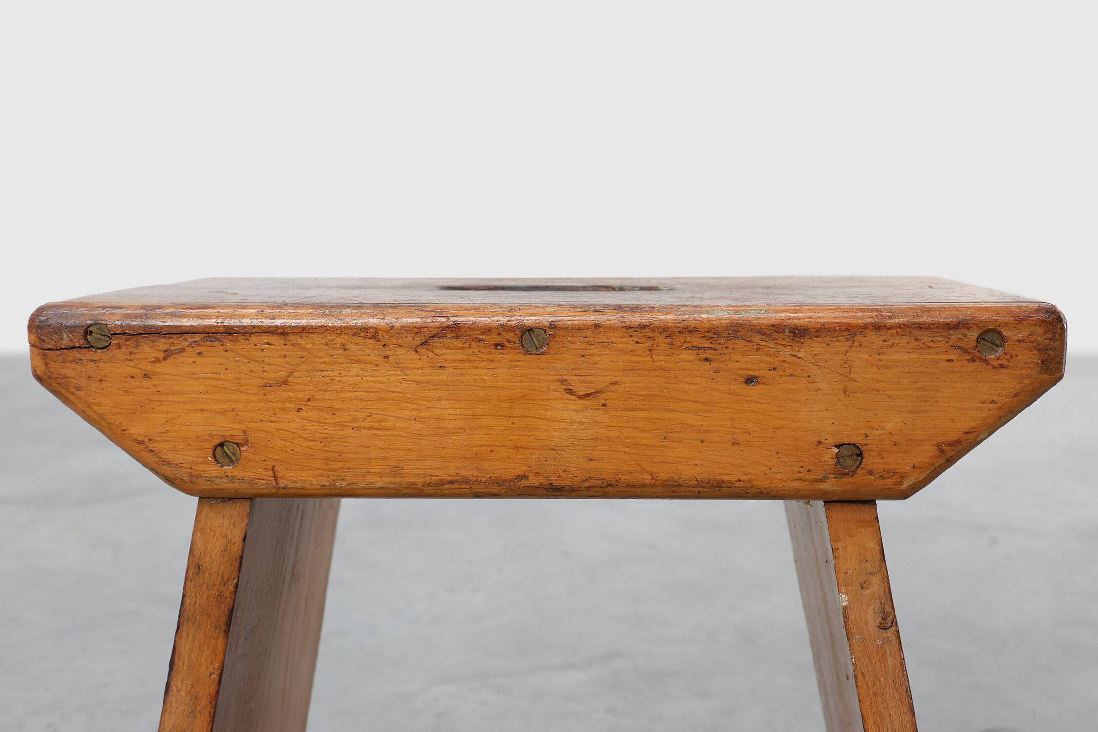 Rustic Pine Stool with Cut-Out Trestle Legs, Sweden, circa 1920