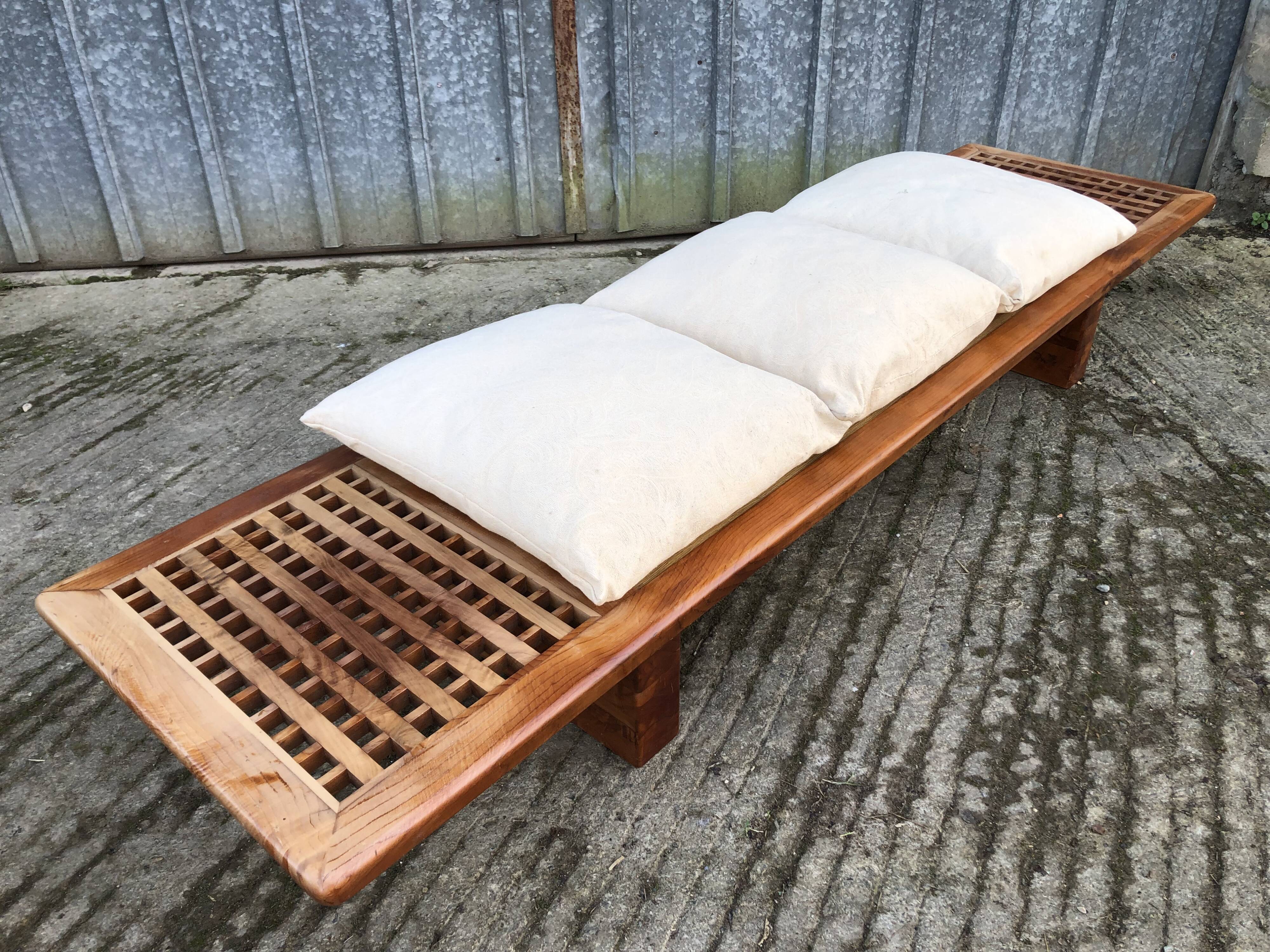 Vintage Yew Wood Bench with 3 Cushions