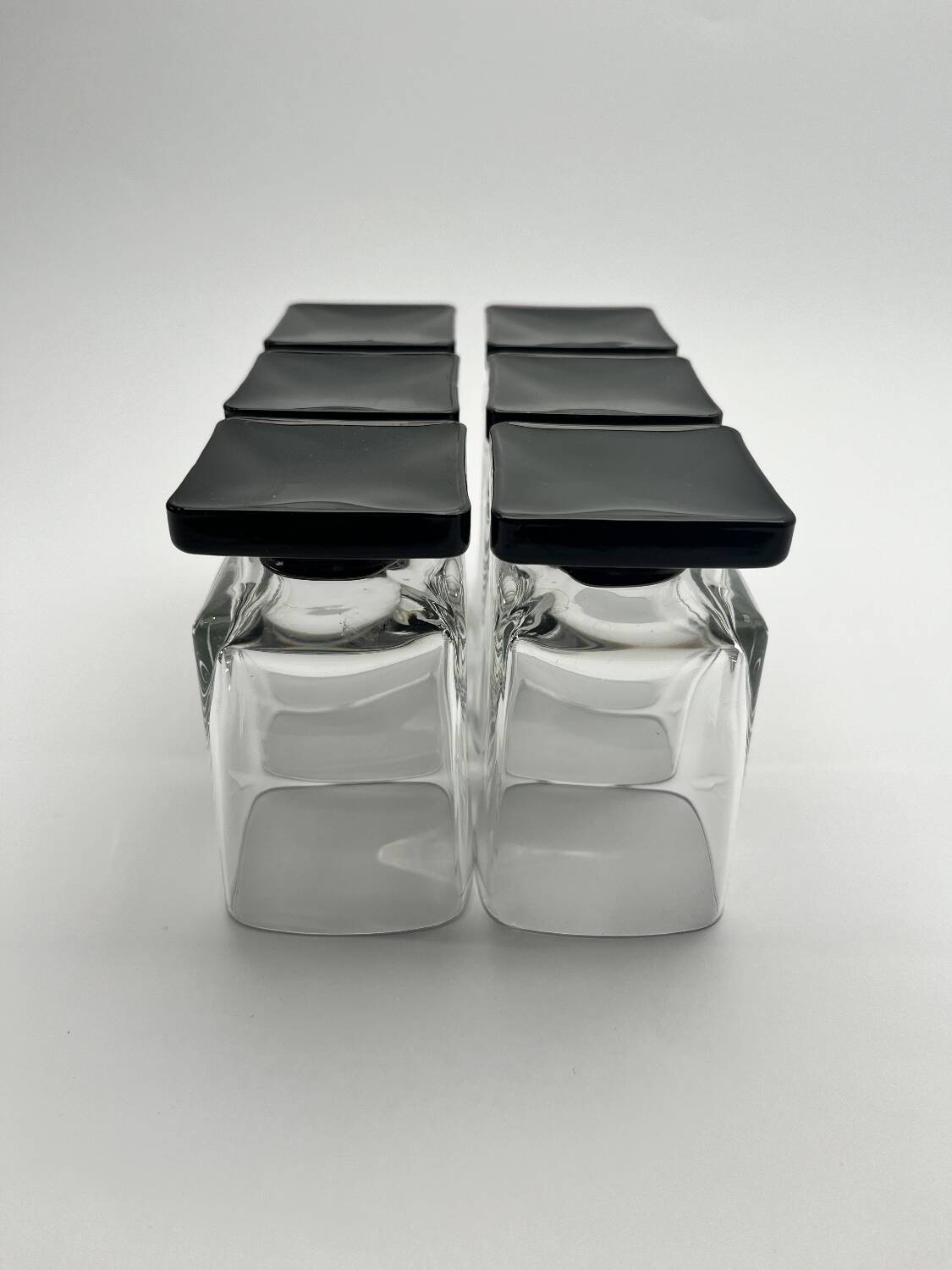 Set of 11 Black glass Square Footed Cocktail Glasses 1970