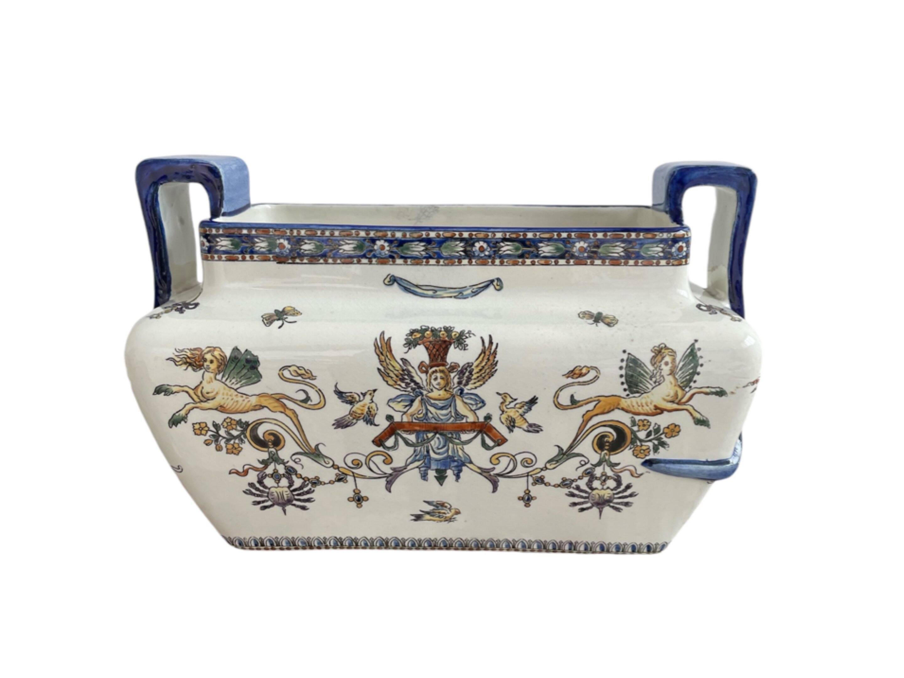 Planter, cache pot, Gien earthenware, rich decoration, Italian Renaissance, winged angel, antique decoration