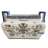 Planter, cache pot, Gien earthenware, rich decoration, Italian Renaissance, winged angel, antique decoration