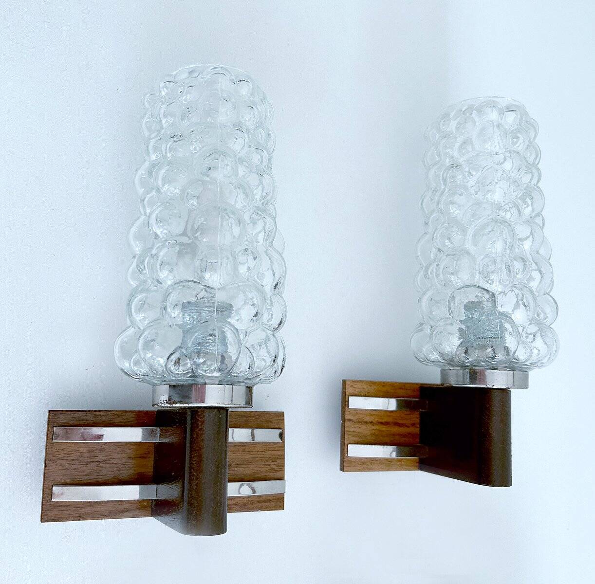Pair Vintage Danish Bubble Blass Wood sconces