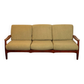 Canapé vintage danois 3 places en teck avec nouvelle housse bouclé vert mousse