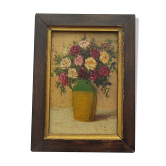 Tableau old sandstone pot with roses oil painting on wood