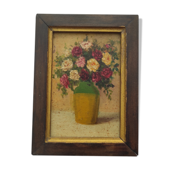 Tableau ancien le pot en grès aux roses peinture à l'huile sur bois